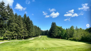 image of golf course in the pnw with evergreen trees and blue sky
