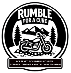 black and white rumble logo with mountain trees in background and motorcycle in foreground